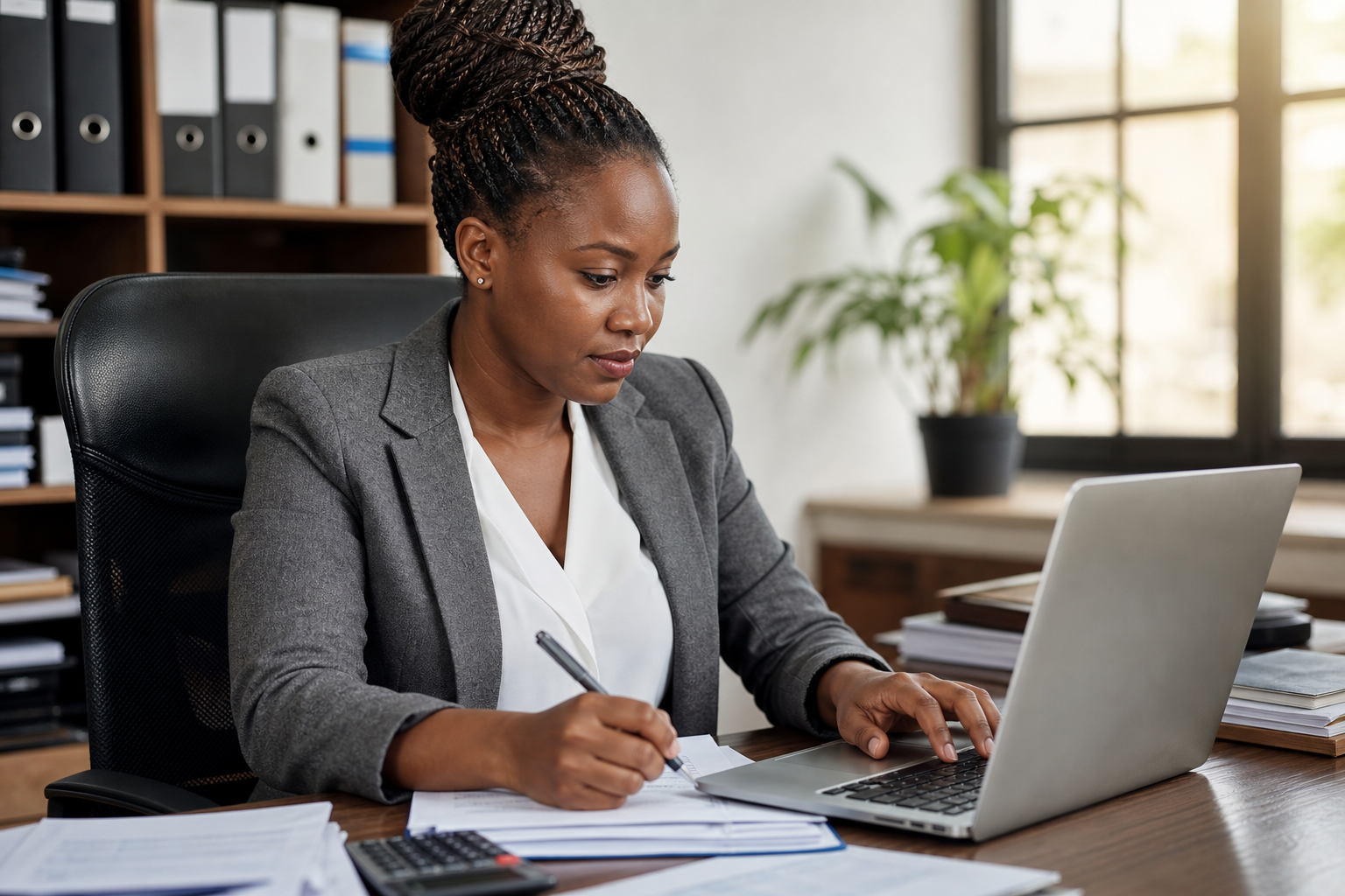 Kenyan accountant reconciling books on a laptop in a tidy finance office