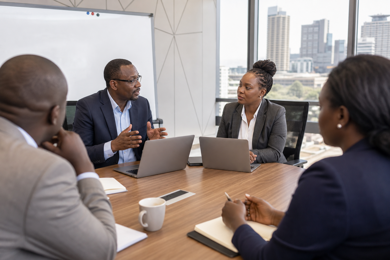 IT manager and finance lead discussing cloud vs on-premise ERP in a Nairobi boardroom