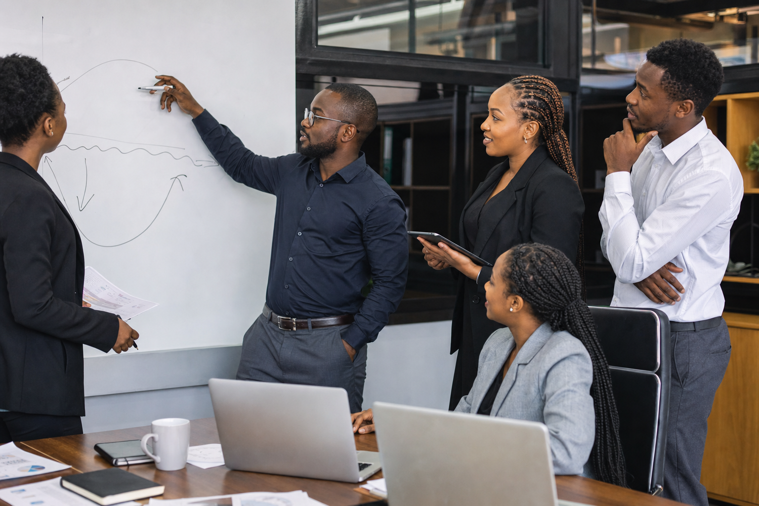 Kenyan B2B sales team brainstorming lead generation strategies in a modern office