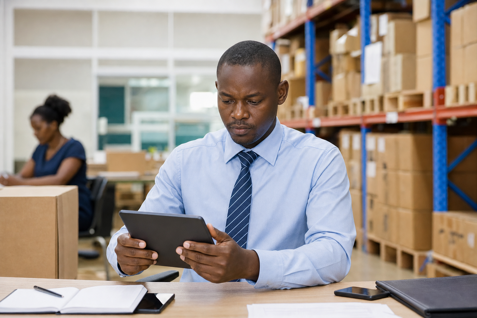 Warehouse supervisor checking stock levels on a tablet in a Kenyan distribution office