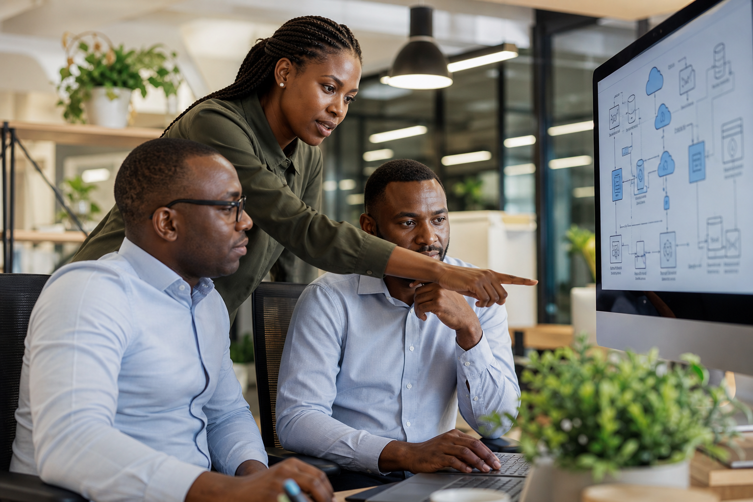 African SaaS buyers in a collaborative open-plan office reviewing cloud ERP architecture