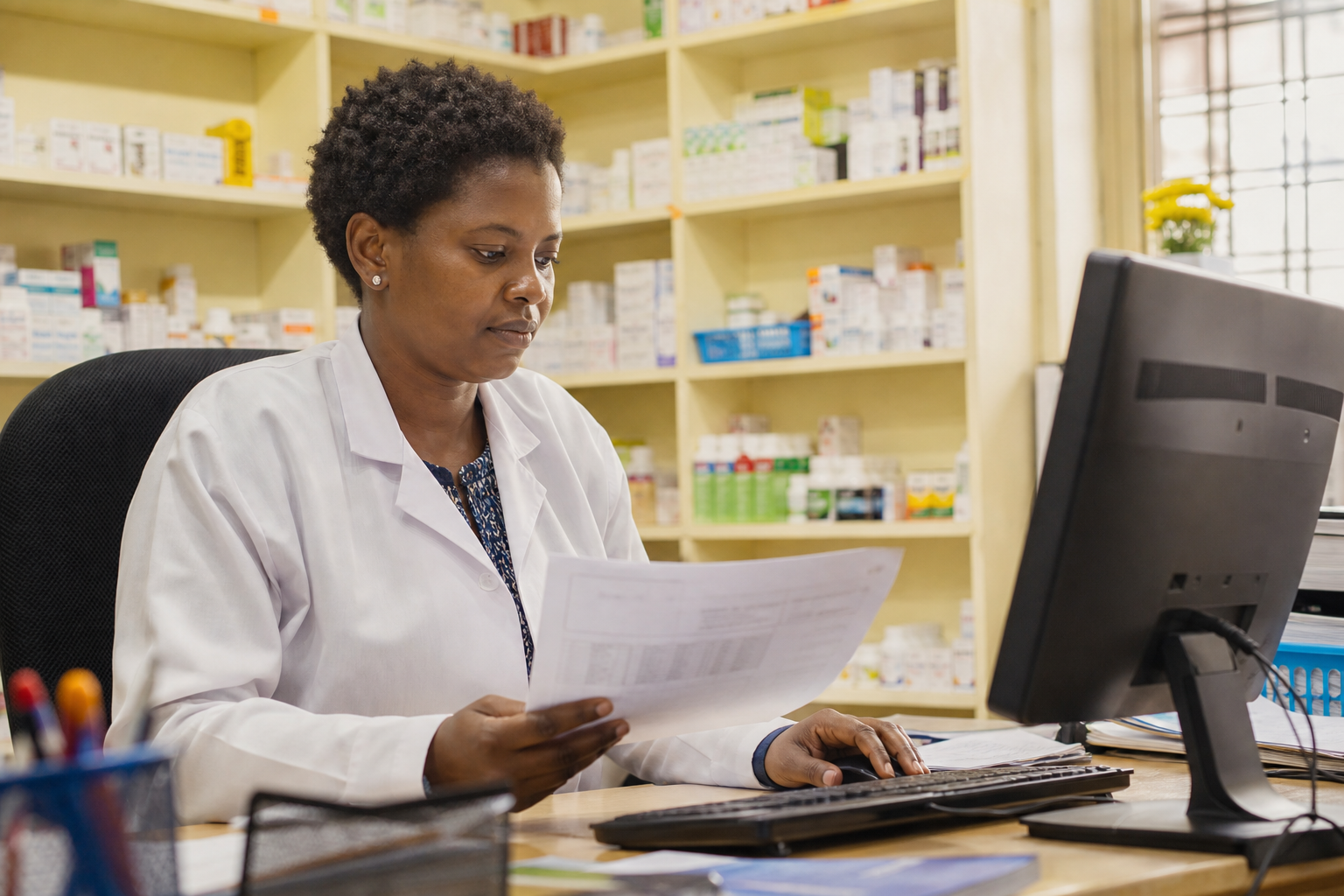 Pharmacy manager reviewing inventory and billing on a computer in a Kenyan chemist back office