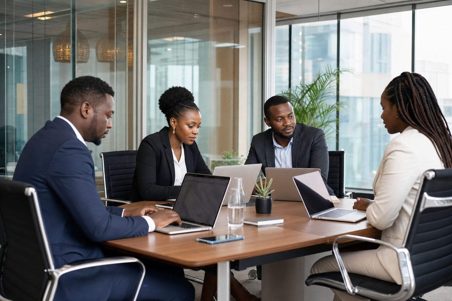 Kenyan sales team using CRM on laptops during a client planning meeting at the office