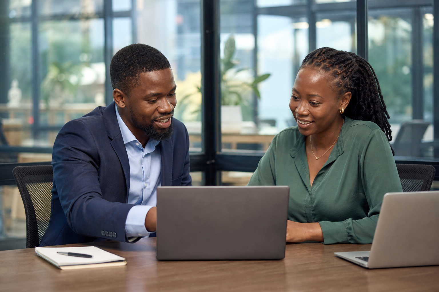 SME owner learning about ERP software with a consultant in a bright Kenyan office