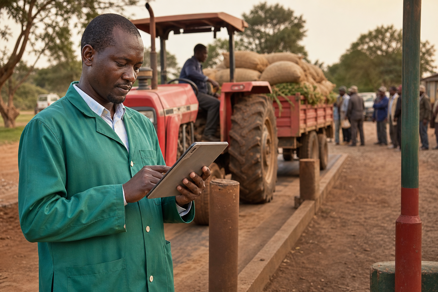 Farm cooperative manager recording harvest sales on tablet