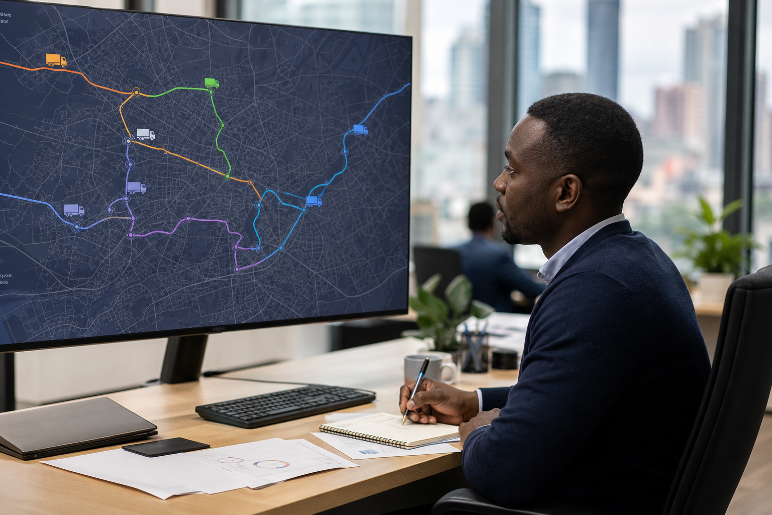 Distribution route planner with fleet map on large monitor