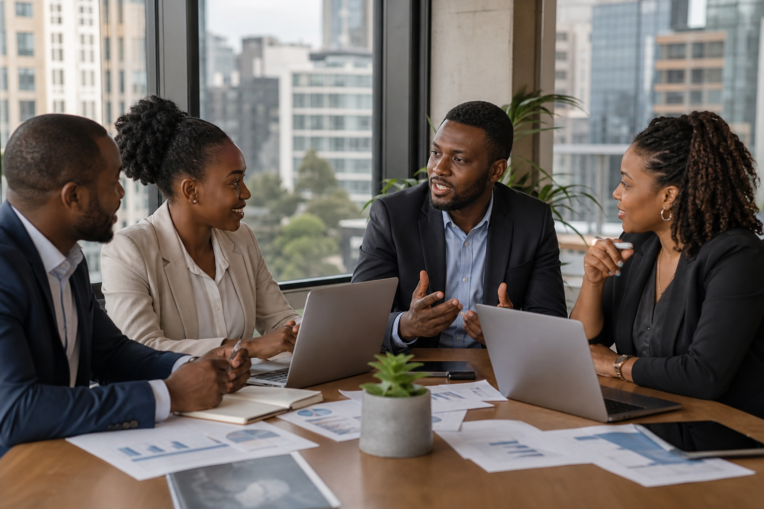 Kenyan business leaders from multiple industries collaborating in a modern Nairobi office