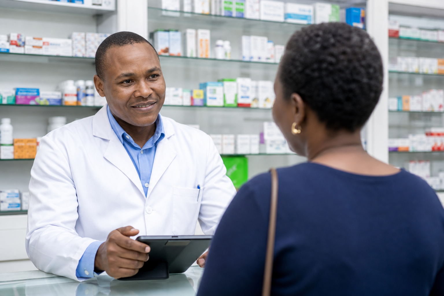 Pharmacist at chemist counter with POS and medicine shelves