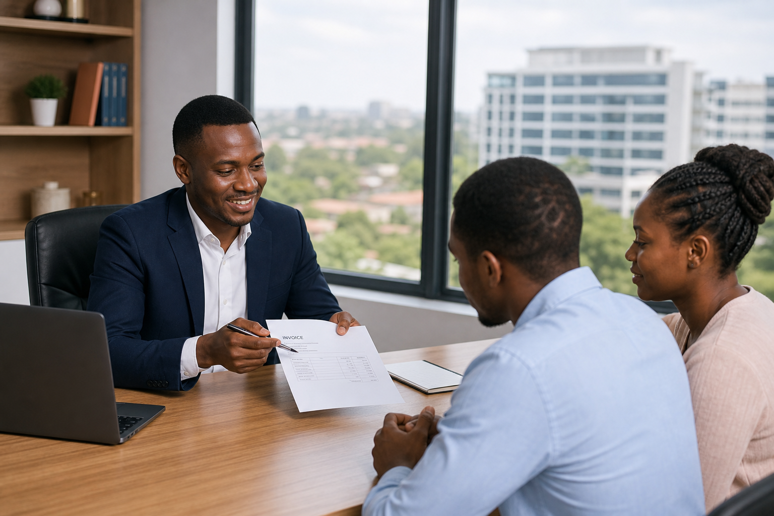 Property manager issuing tenant invoice from modern office
