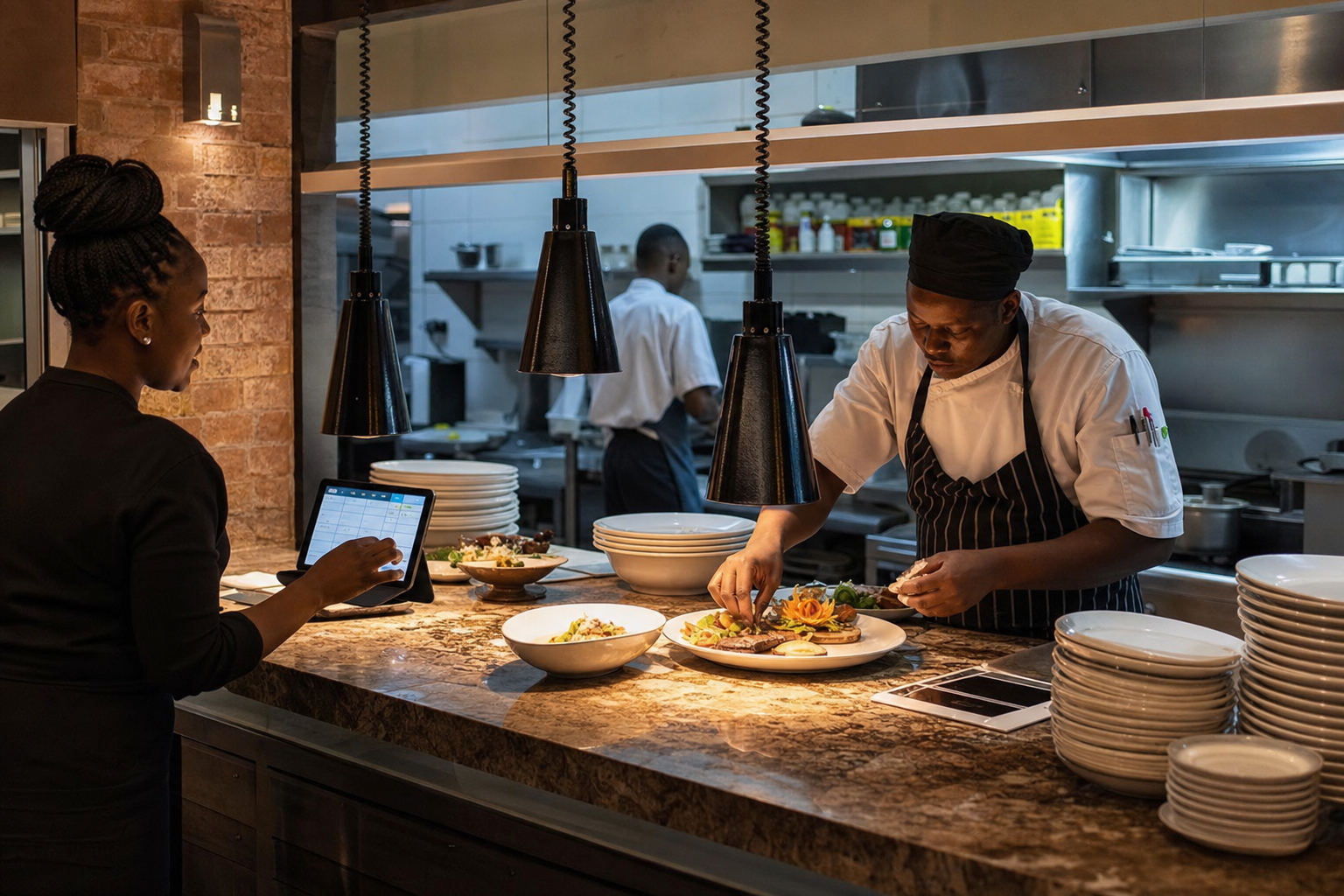 Chef and cashier coordinating orders at restaurant pass