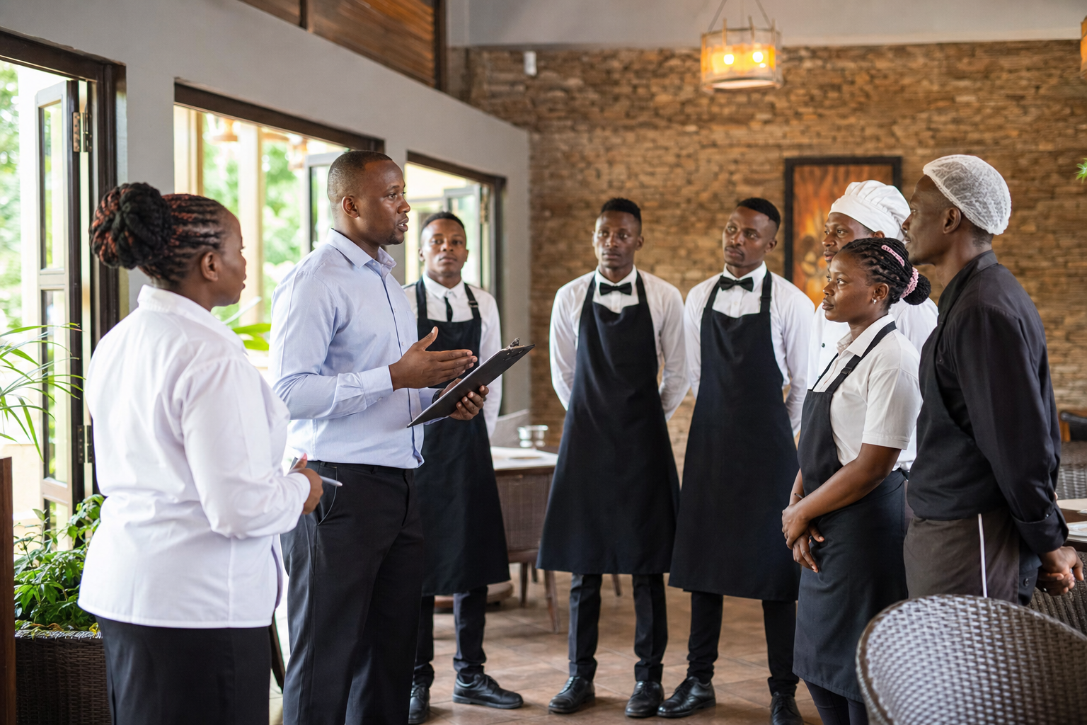 Restaurant staff morning briefing before service